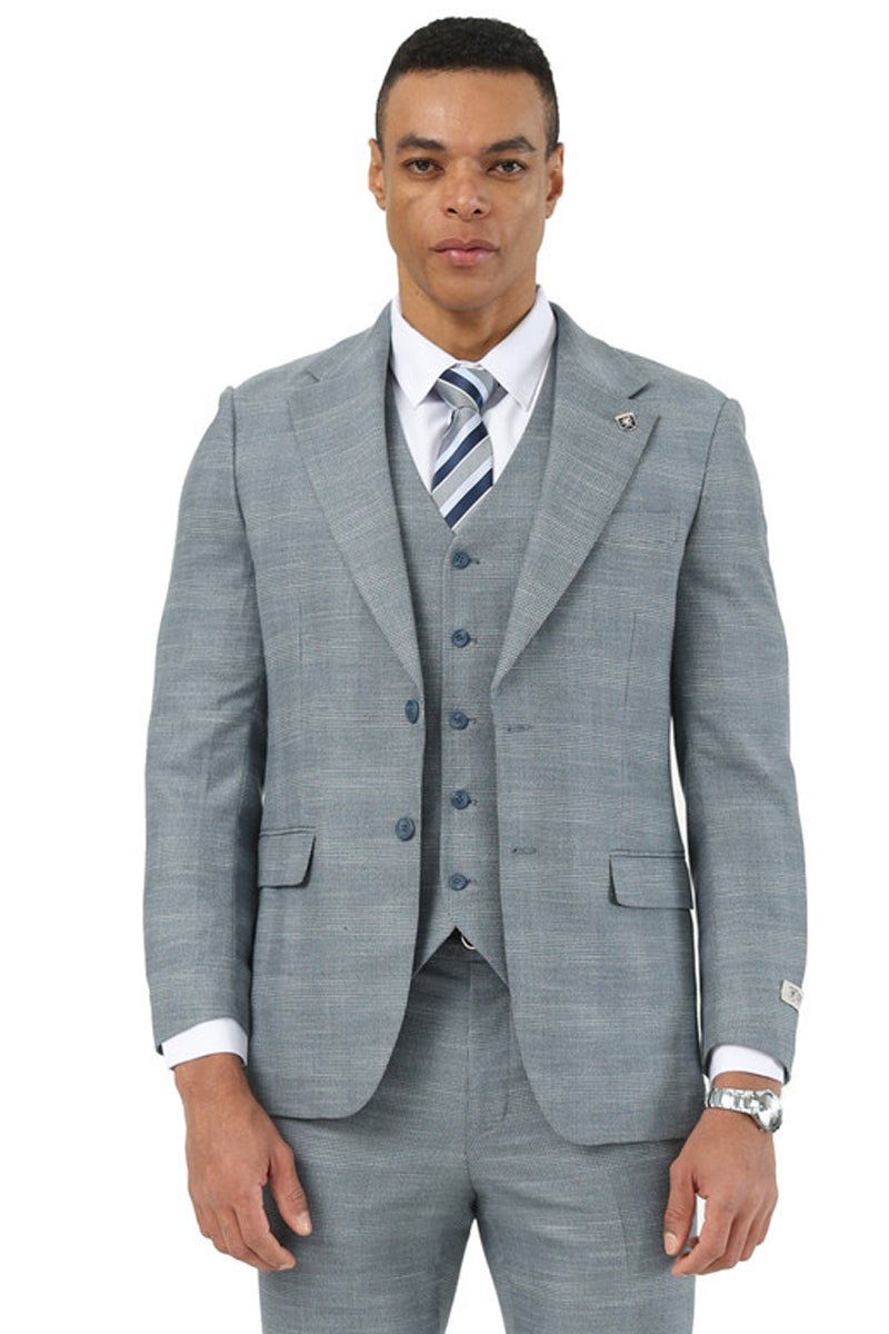 Men's Stacy Adams Vested Sharkskin Pattern Business Suit in Light Grey - Light Grey