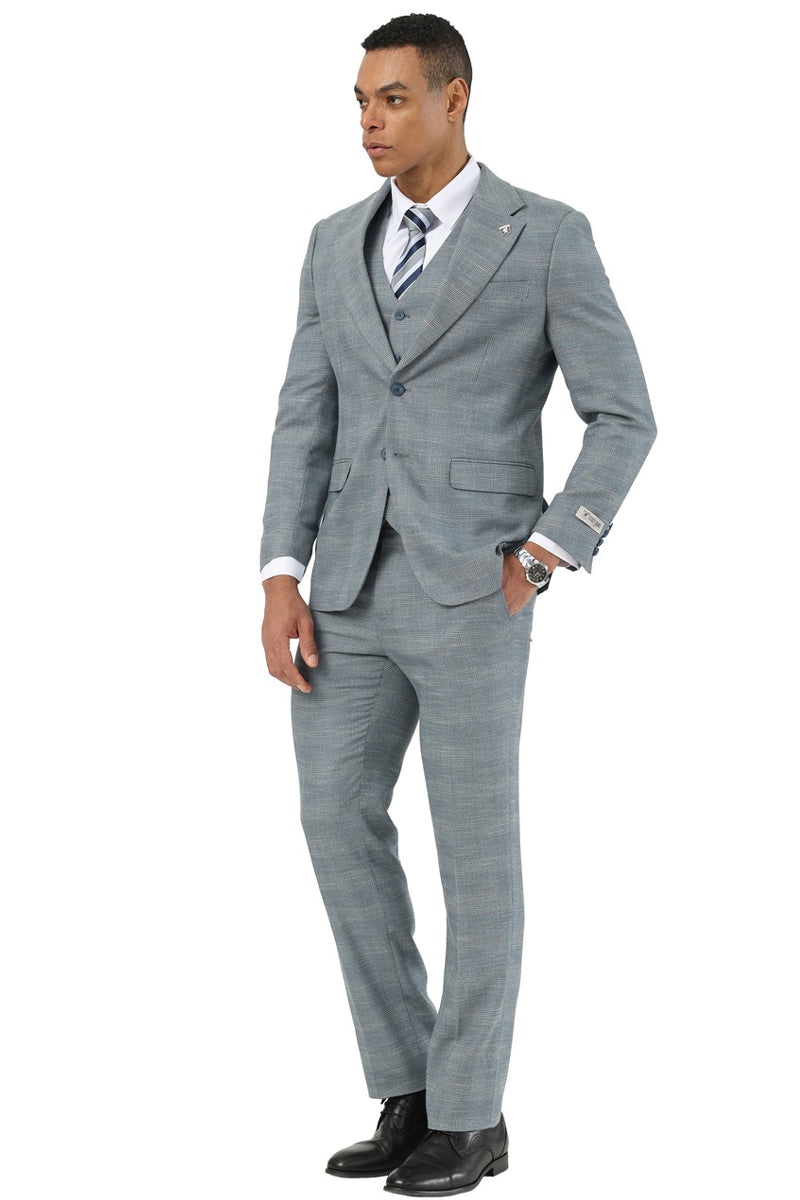 Men's Stacy Adams Vested Sharkskin Pattern Business Suit in Light Grey - Light Grey