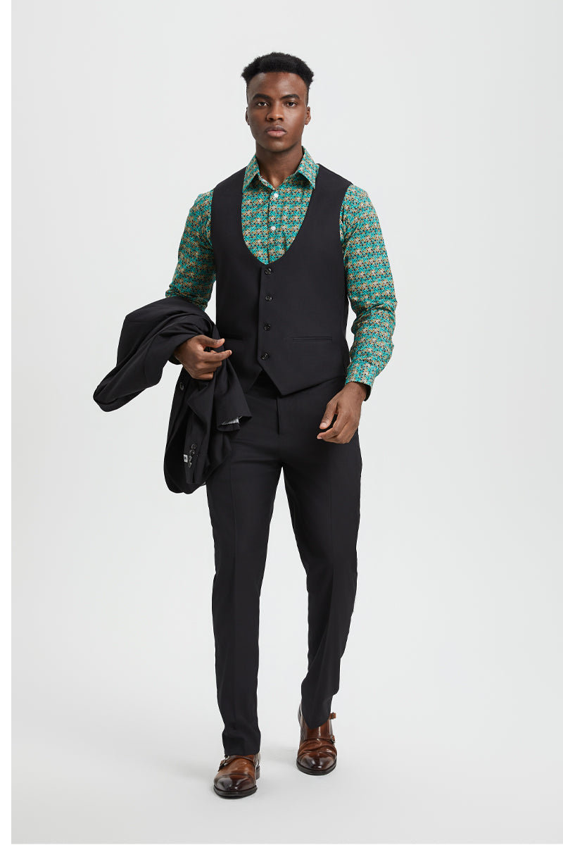 "Mens Stacy Adams Suit - Stacy Adams Suit Men's Designer Suit - Black, One Button Peak Lapel Vest" - 34 Regular
