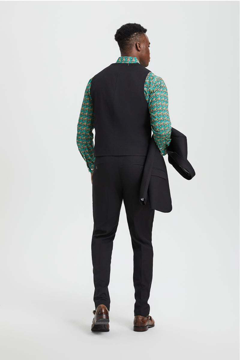 "Mens Stacy Adams Suit - Stacy Adams Suit Men's Designer Suit - Black, One Button Peak Lapel Vest" - 34 Regular
