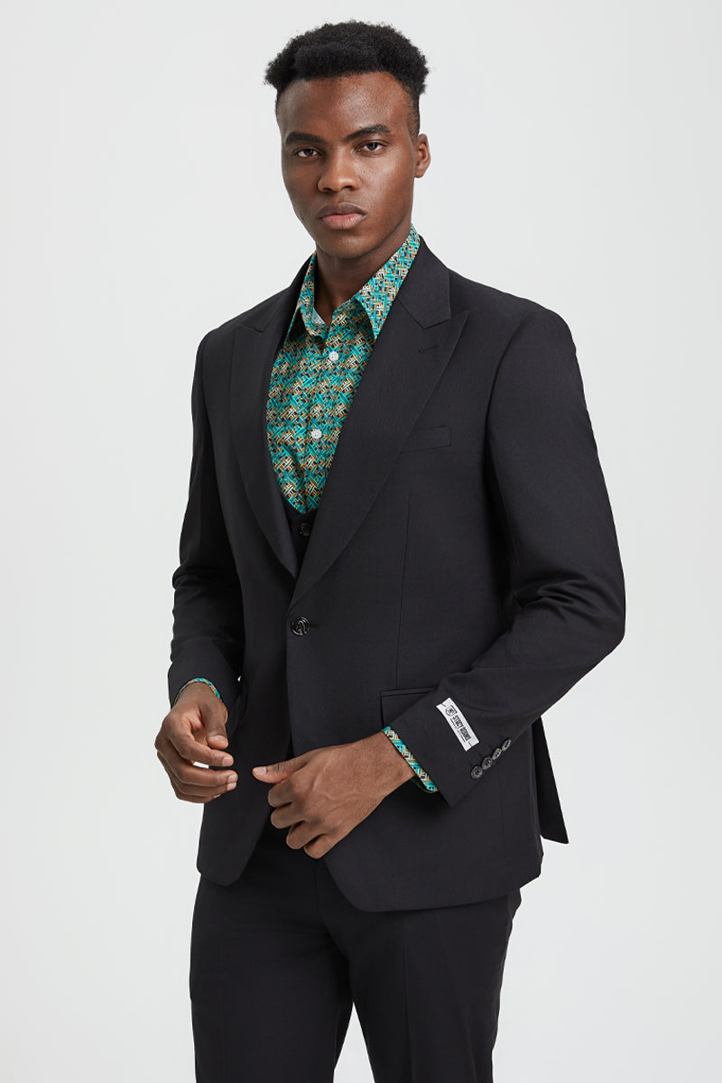 "Mens Stacy Adams Suit - Stacy Adams Suit Men's Designer Suit - Black, One Button Peak Lapel Vest" - 34 Regular