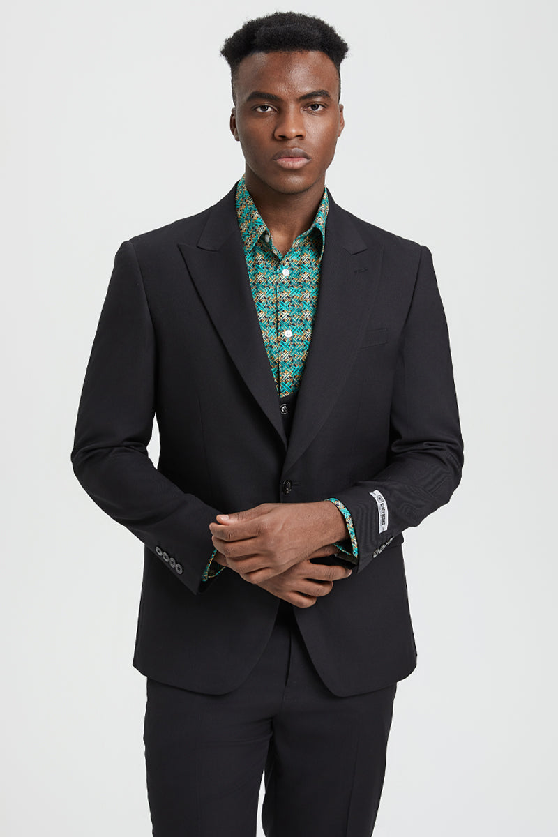 "Mens Stacy Adams Suit - Stacy Adams Suit Men's Designer Suit - Black, One Button Peak Lapel Vest" - 34 Regular