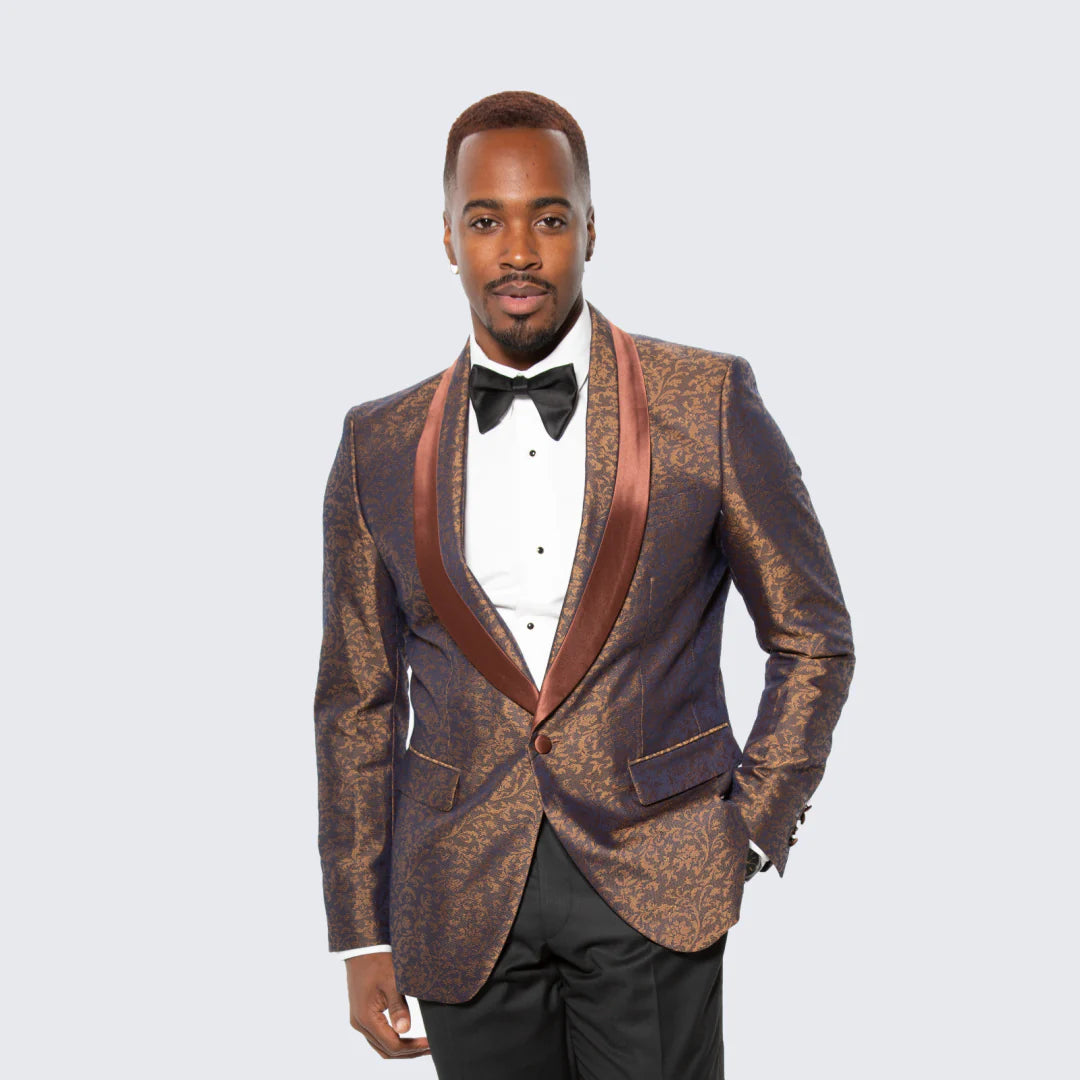 Mens Brown Paisley Tuxedo with Brown Satin Lapel and Black Pants Formal Wedding Suit with Chain Brooch-New Designer Collection