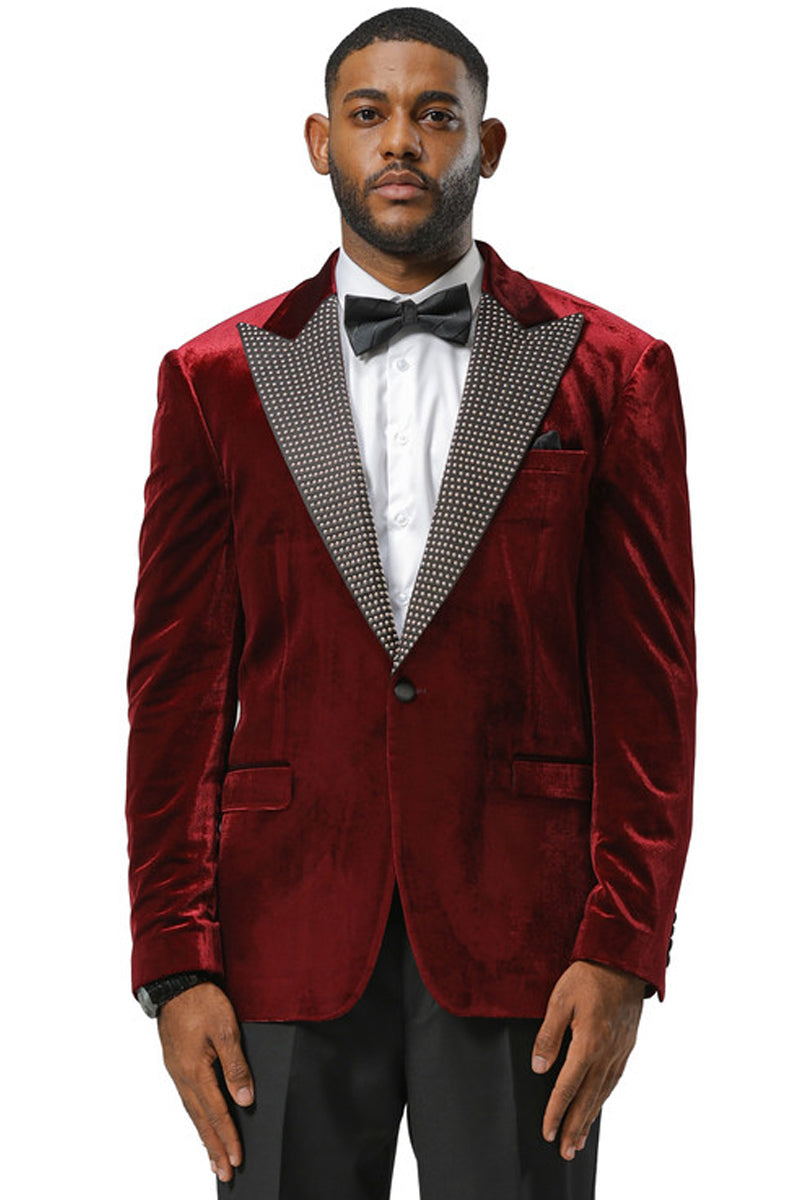 Men's Stacy Adams Velvet Wedding & Prom Tuxedo Jacket With Rhinestone sequin Adorned Lapel in Burgundy