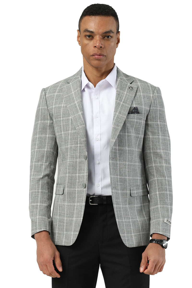 Men's Stacy Adams Modern Fit Windowpane Plaid Blazer in Grey - Light Grey