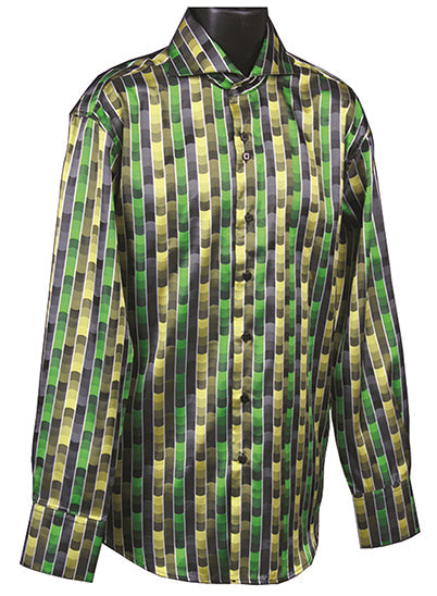 "Men's Green Sports Shirt - Regular Fit with Fancy Tonal Stripe Pattern" - M - 15½ 34/35