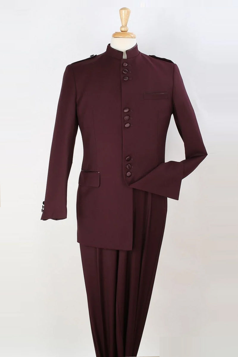 "Burgundy Men's Classic Military Mandarin Safari Suit - Banded Collar"