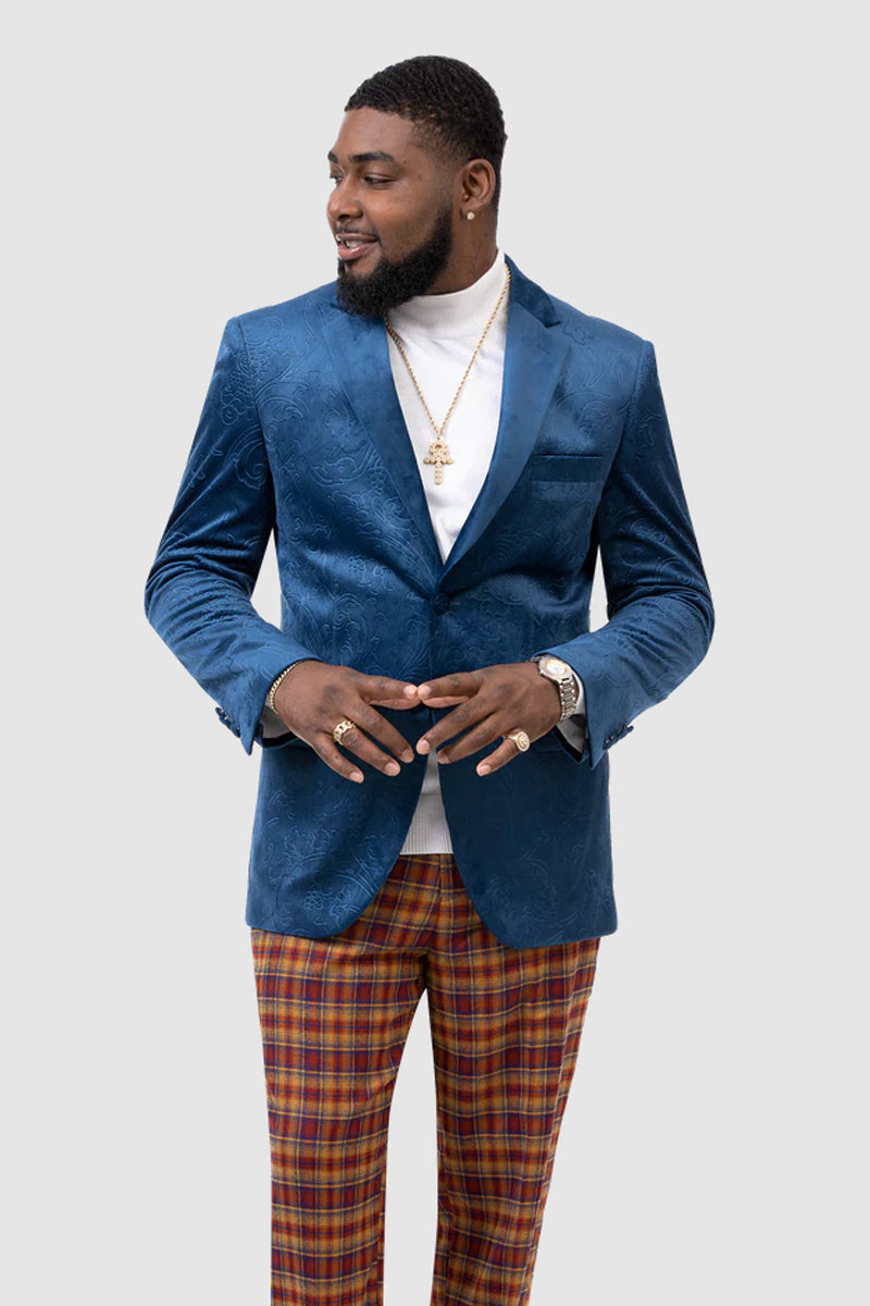 "Aqua Blue Paisley Velvet Blazer for Men - Two Button Style"