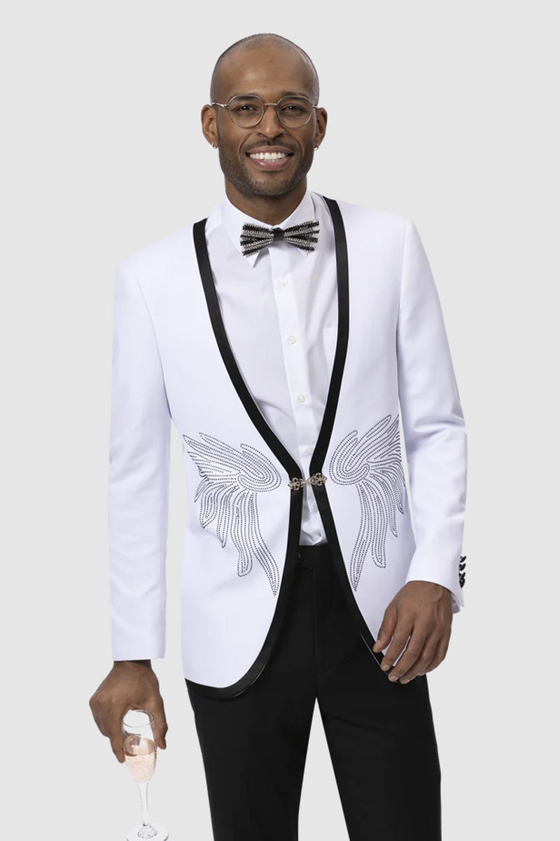 "Diamond Wing Studs Men's White Tuxedo Jacket, Collarless with Black Trim"