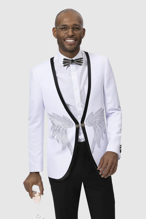 Stylish White Collarless Tuxedo Jacket for Men β Black Trim Designer Evening Wear