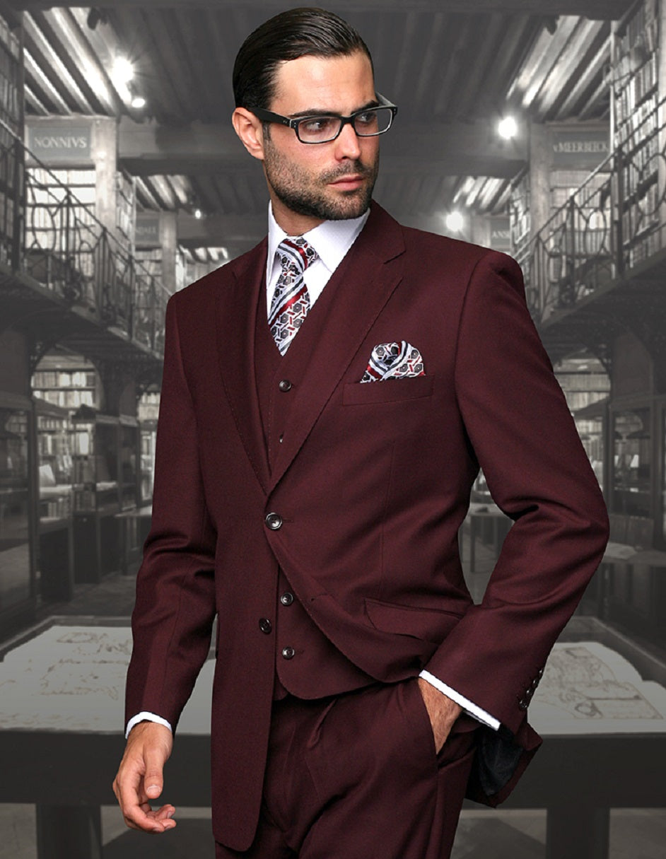 Mens 2 Button Modern Fit Vested Wool Suit in Burgundy - 36 S
