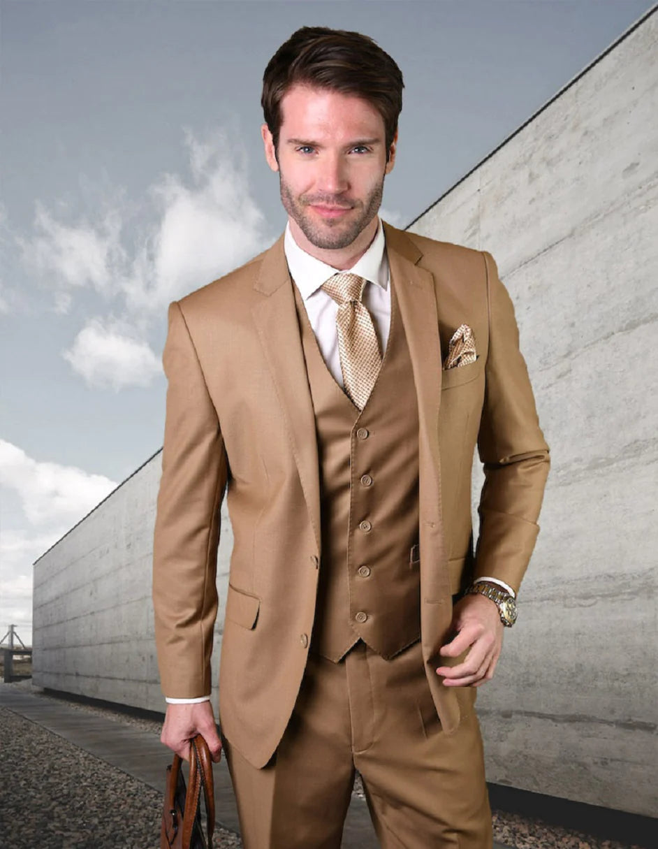 Tan Suit For Man - Mens 2 Button Modern Fit Vested Wool Suit in Caramel