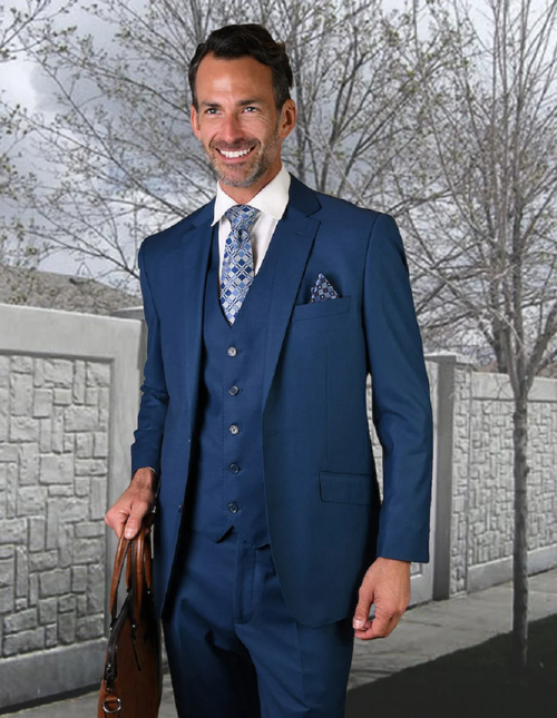 100 Percent Wool Suit - Mens Vested Wool Business French Blue Suits