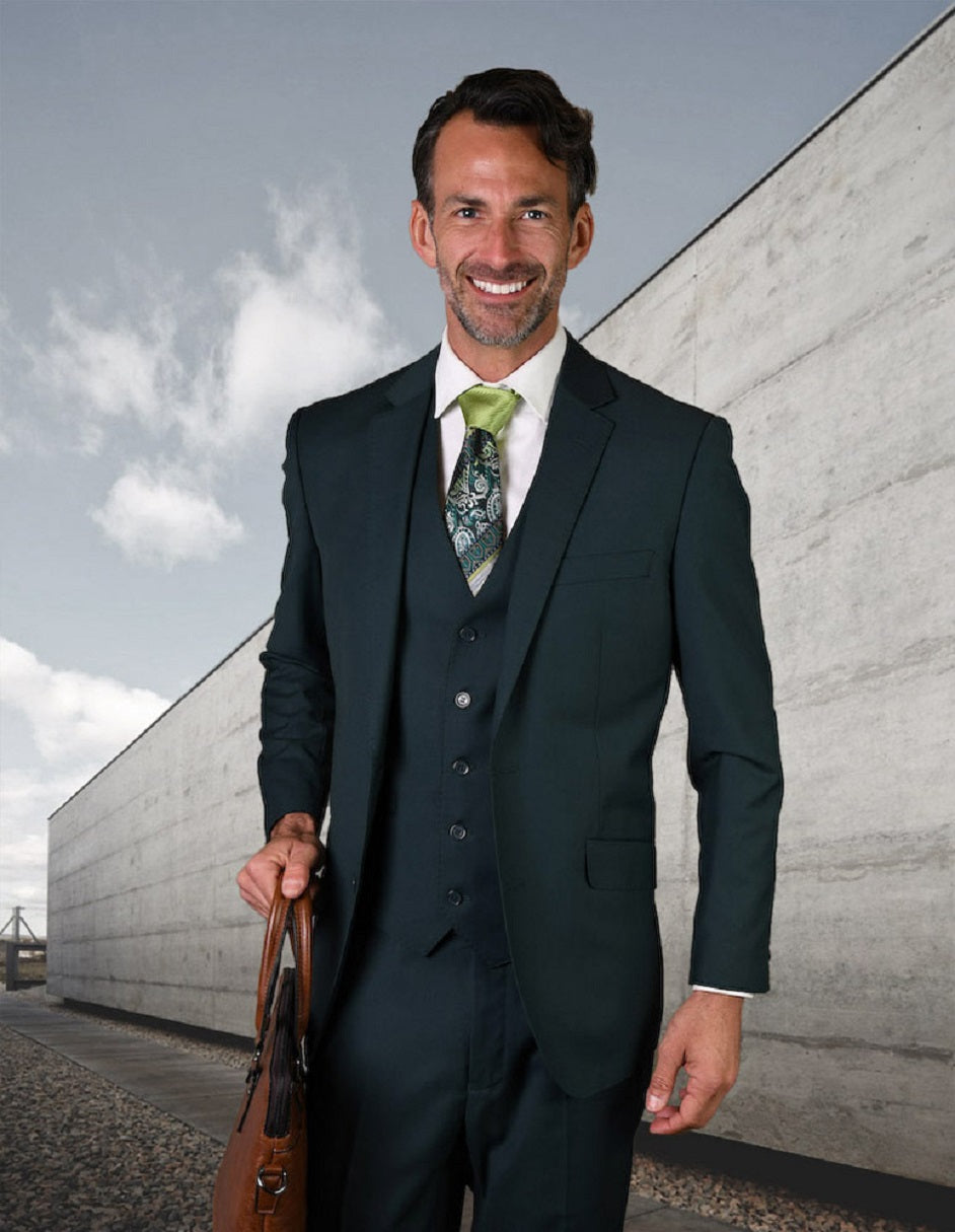 Mens 2 Button Modern Fit Vested Wool Suit in Jade - 38 Short Jacket+32 Waist Adjustable 28to34)(Height: 5 4 to5 7 )(Neck 15-16.5)S-M)