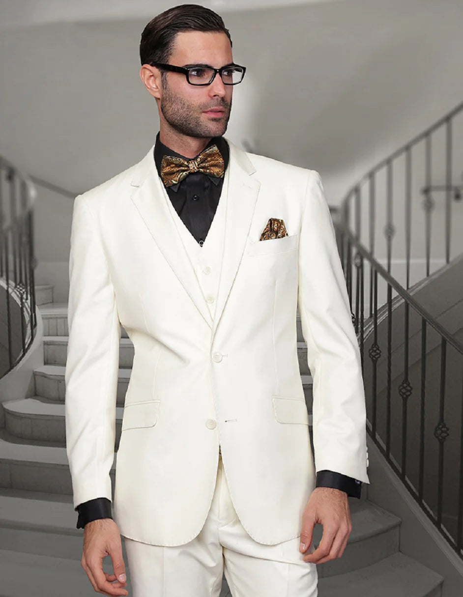 "Mens 2 Button Modern Fit Vested Wool Suit in Ivory" off white