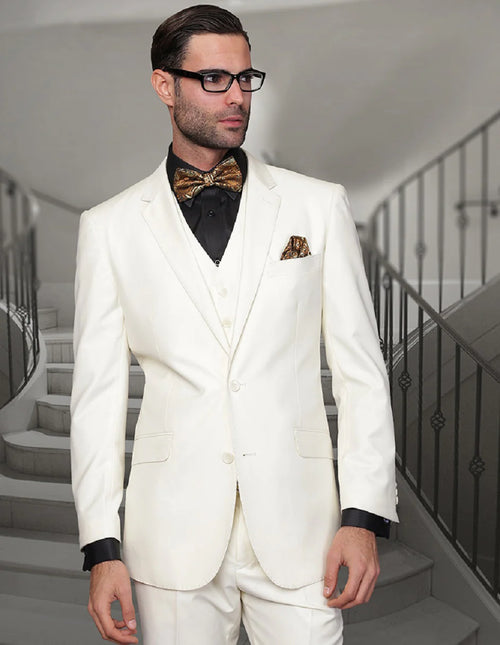 "Mens 2 Button Modern Fit Vested Wool Suit in Ivory" off white