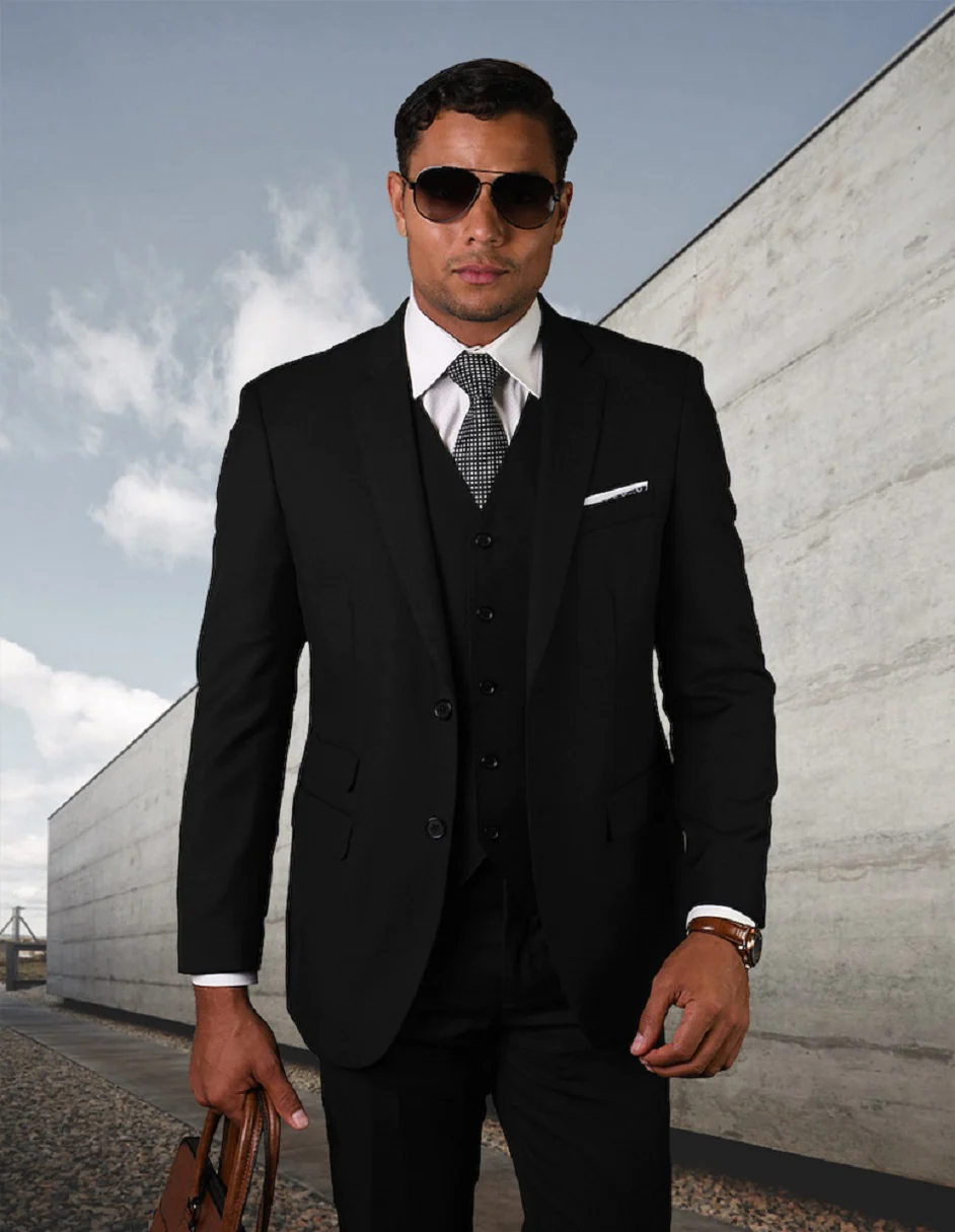 100 Percent Wool Suit - Mens Wool Pick Stich Suit Business Black Suits - 38 Short Jacket+32 Waist Adjustable 28to34)(Height: 5 4 to5 7 )(Neck 15-16.5)S-M)