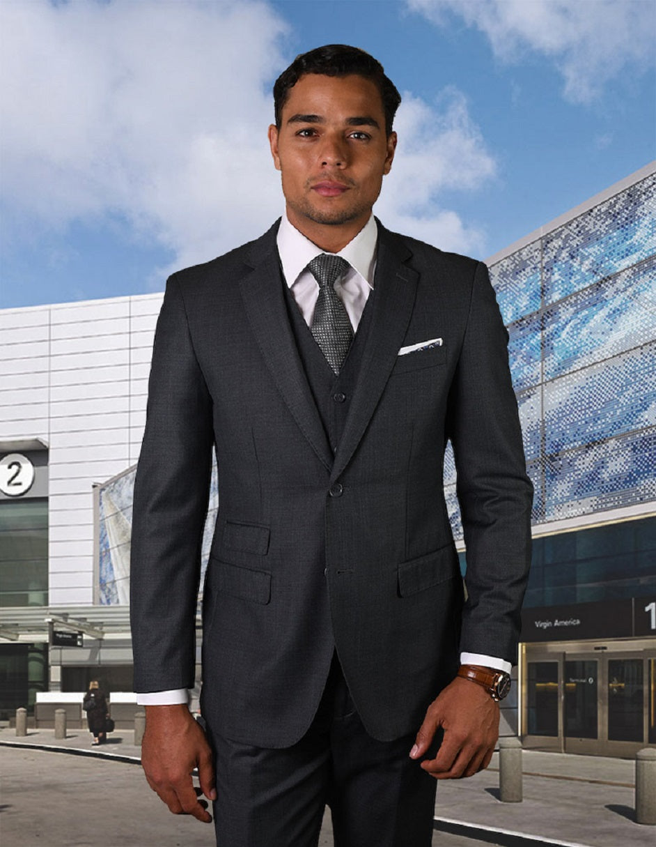 Mens 2 Button Modern Fit Vested Pick Stich Suit in Charcoal Grey - 56 Regular