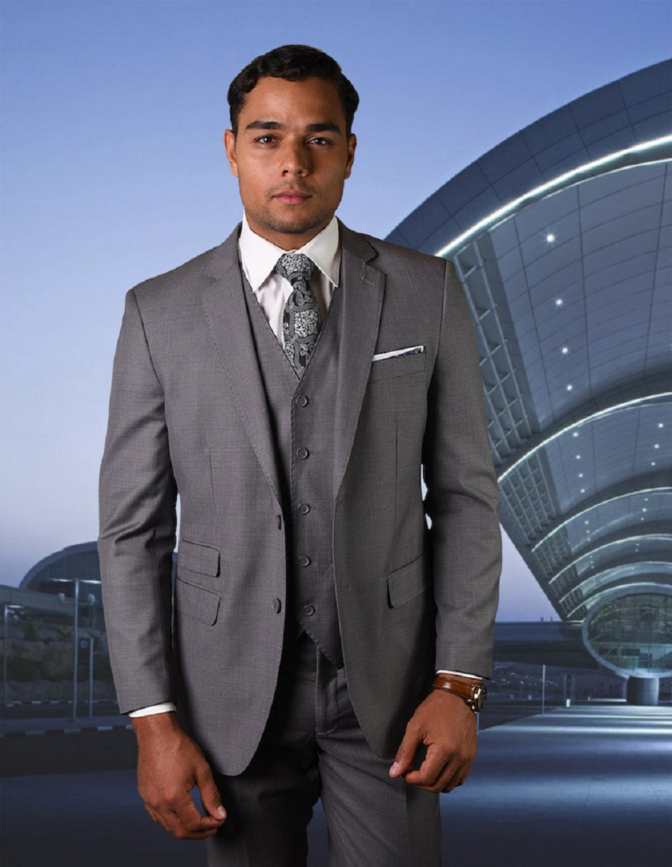 Mens 2 Button Modern Fit Vested Pick Stich Suit in Heather Grey - 38 Short
