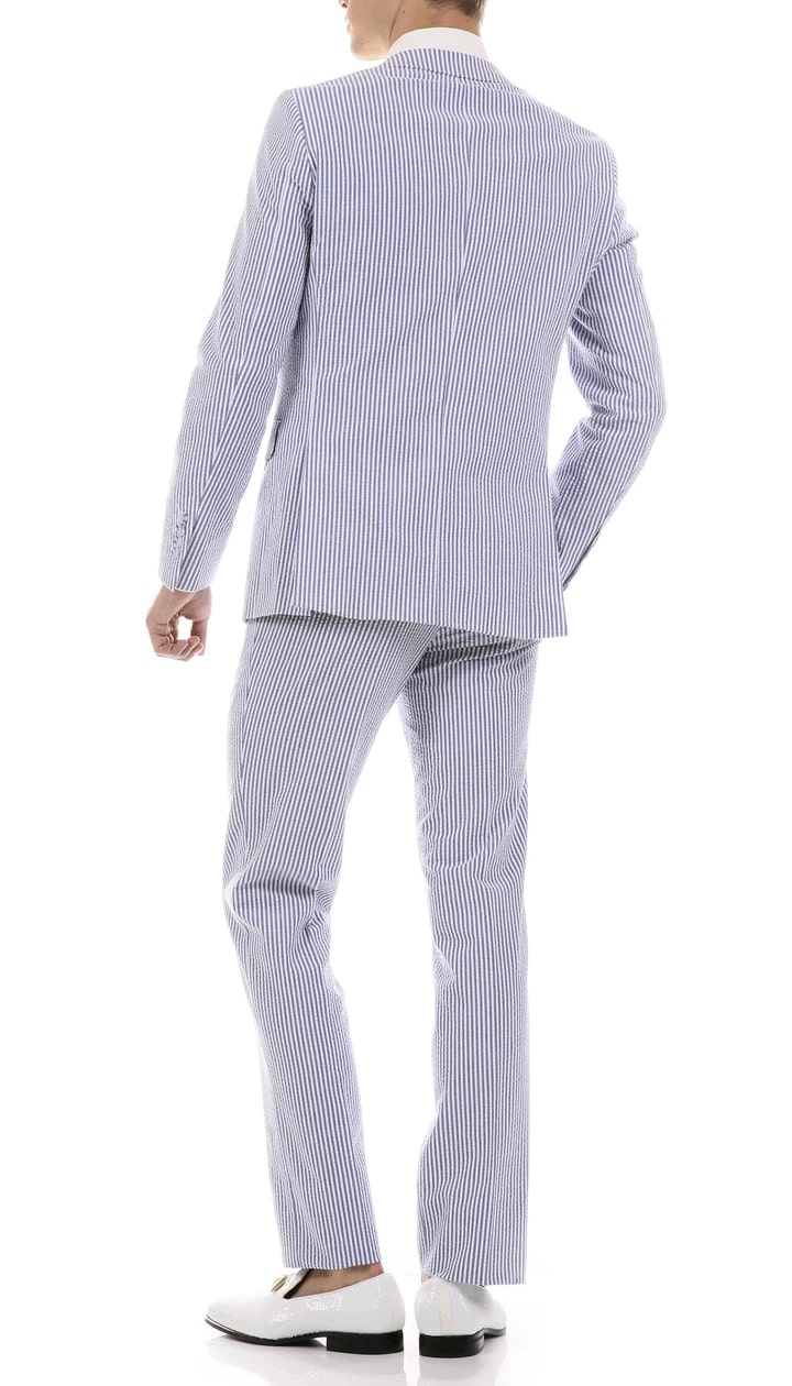 Premium Comfort Cotton Slim Fit Blue Seersucker 2 Piece Suit - 38 Short Jacket+32 Waist Adjustable 28to34)(Height: 5 4 to5 7 )(Neck  15-16.5)S-M)