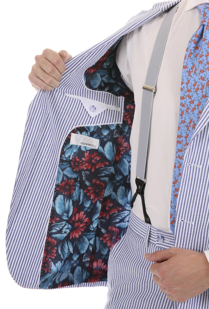 Premium Comfort Cotton Slim Fit Blue Seersucker 2 Piece Suit - 38 Short Jacket+32 Waist Adjustable 28to34)(Height: 5 4 to5 7 )(Neck  15-16.5)S-M)