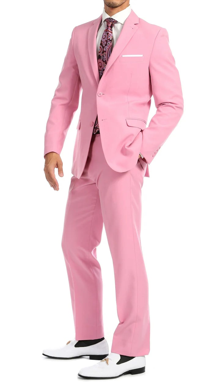 Paul Lorenzo Mens Pink Slim Fit 2 Piece Suit - 38 Short Jacket+32 Waist Adjustable 28to34)(Height: 5 4 to5 7 )(Neck  15-16.5)S-M)