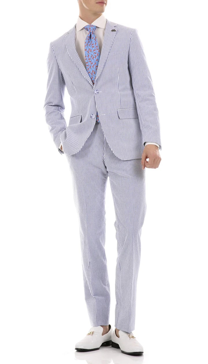 Premium Comfort Cotton Slim Fit Blue Seersucker 2 Piece Suit - 38 Short Jacket+32 Waist Adjustable 28to34)(Height: 5 4 to5 7 )(Neck  15-16.5)S-M)
