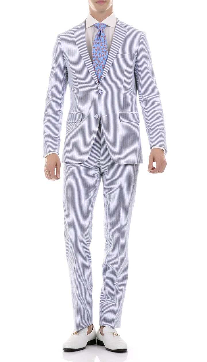 Premium Comfort Cotton Slim Fit Blue Seersucker 2 Piece Suit - 38 Short Jacket+32 Waist Adjustable 28to34)(Height: 5 4 to5 7 )(Neck  15-16.5)S-M)