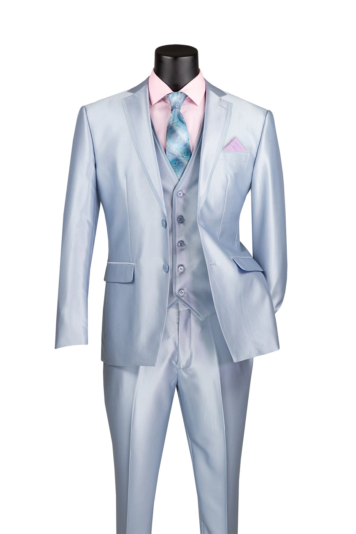 Slim Fit 3 Piece Satin Suit in Ice Blue - Ice Blue