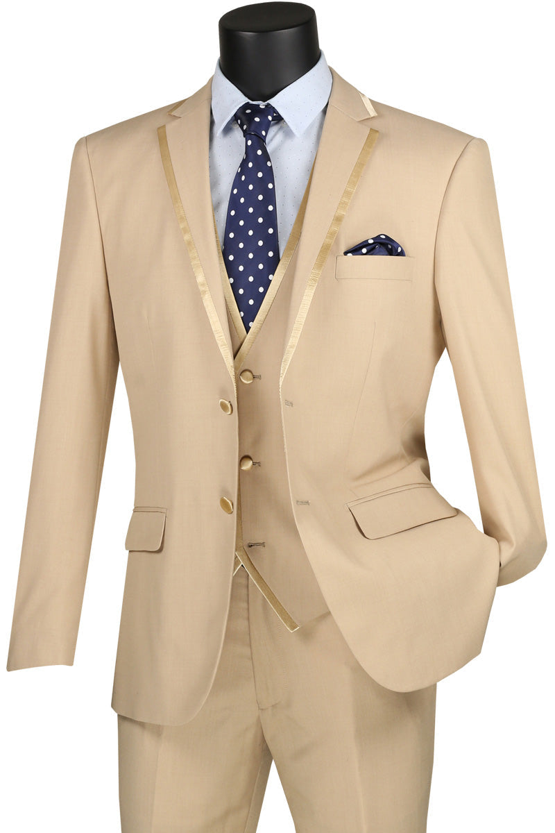 Leonardo Collection - Slim Fit Tuxedo 2 Buttons 3 Piece Beige Suit - Beige