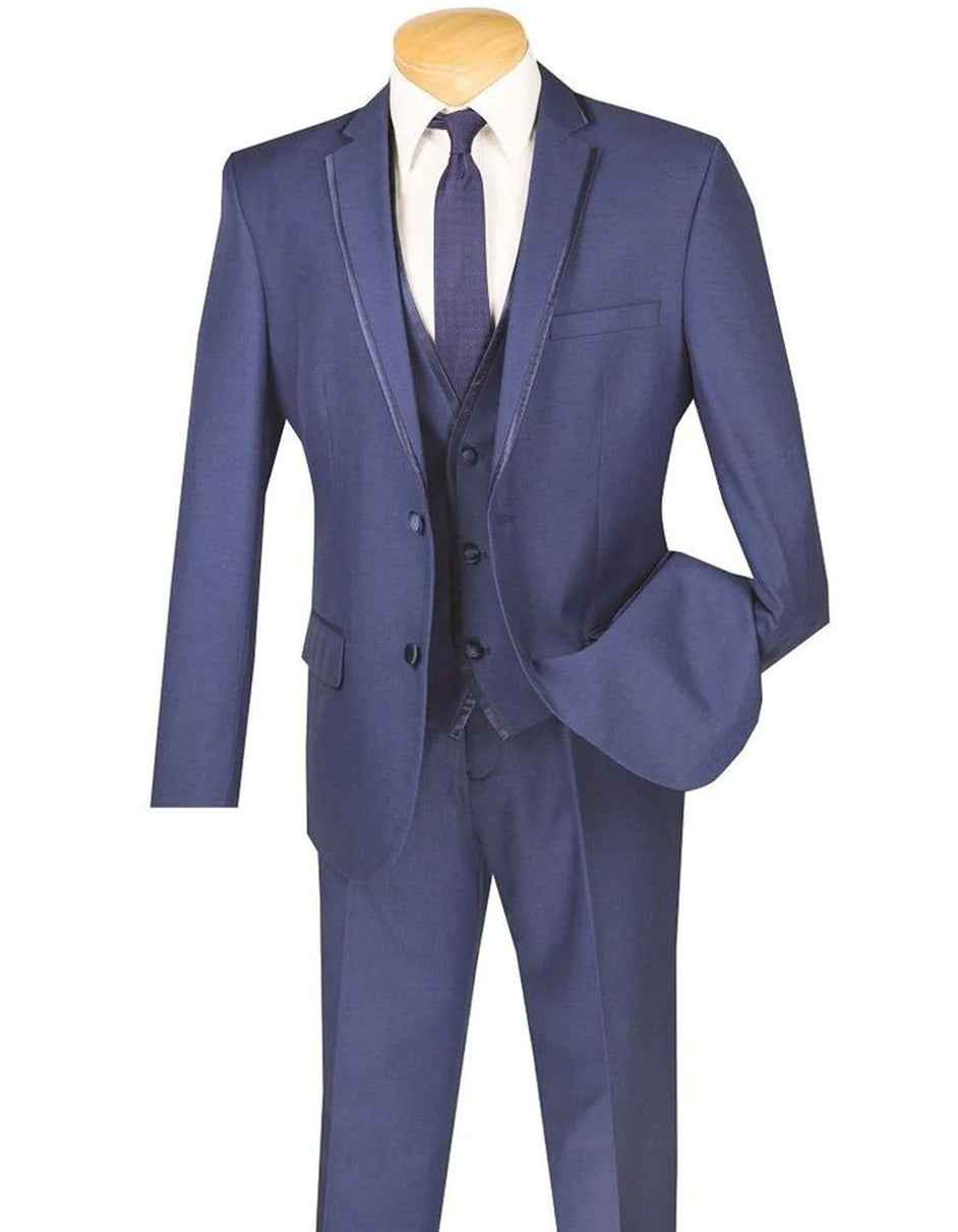 Mens Navy Blue Wedding Tuxedo - Dark Blue Tuxedo Suit"Mens 3pc Vested Slim Fit 2 Button Tuxedo in Blue with Satin Trim