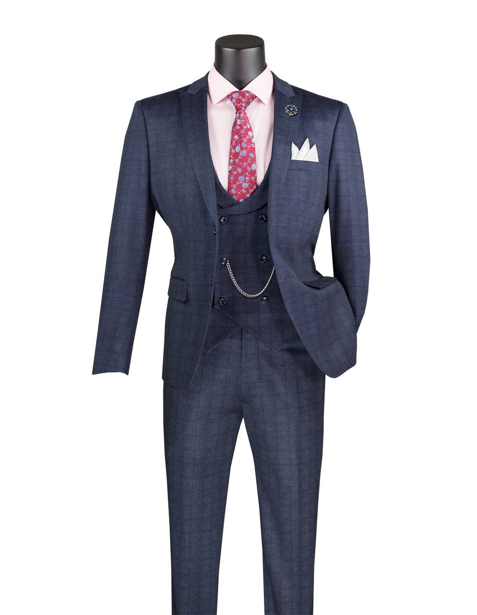 Slim Fit 3 Piece Stretch Fabric Suit in Navy - Navy