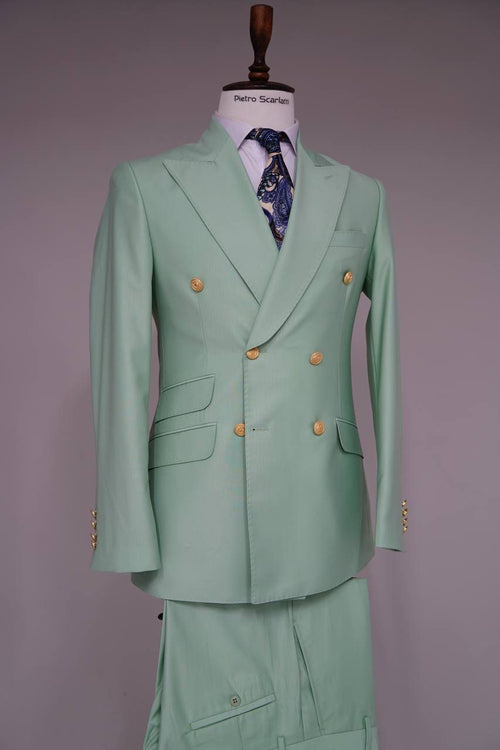 Mens Sage Green Double-Breasted Suit with Gold Buttons Formal Slim Fit 2-Piece Pistachio Color