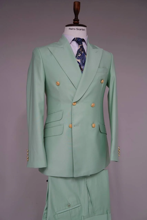 Mens Sage Green Double-Breasted Suits with Gold Button Formal Slim Fit 2-Piece Pistachio Color