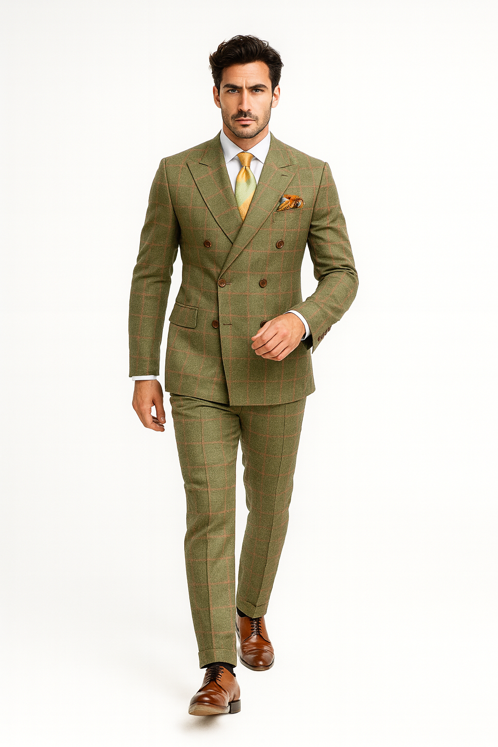 Rossiman Suits Brand - Plaid Textured Double breasted Style - Windowpane Pattern in Color Sage Green and Burnt Orange and green suits suit - 38 Short Jacket+32 Waist Adjustable 28to34)(Height: 5 4 to5 7 )(Neck 15-16.5)S-M)