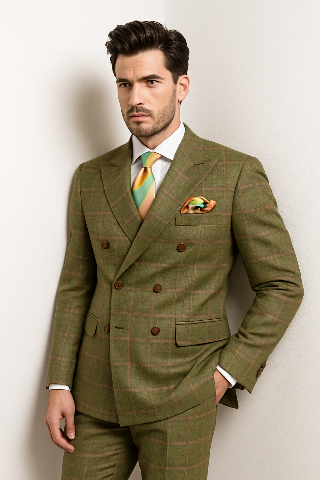 Rossiman Suits Brand - Plaid Textured Double breasted Style - Windowpane Pattern in Color Sage Green and Burnt Orange and green suits suit - 38 Short Jacket+32 Waist Adjustable 28to34)(Height: 5 4 to5 7 )(Neck 15-16.5)S-M)