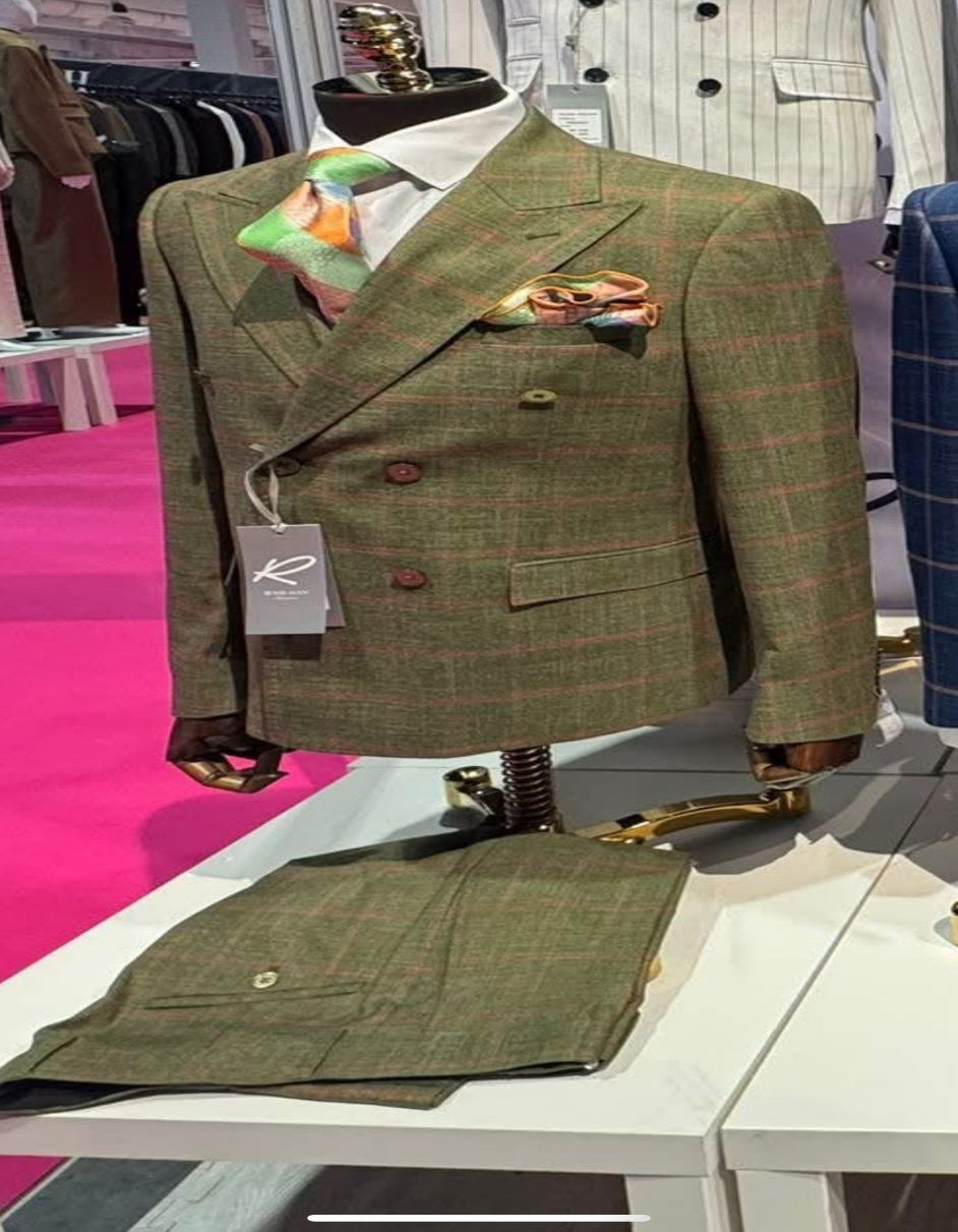 Rossiman Suit – Sage Green & Burnt Orange Windowpane Plaid Double-Breasted Suit - 38 Short Jacket+32 Waist Adjustable 28to34)(Height: 5 4 to5 7 )(Neck 15-16.5)S-M)