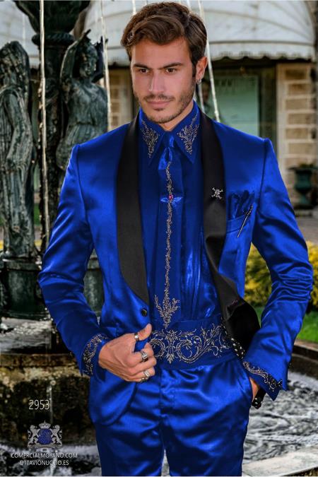 Sateen Fabric Suit - Shiny Tuxedo - Prom 2025 Suit - Groom Tuxedos - Royal Blue - 38 Short Jacket+32 Waist Adjustable 28to34)(Height: 5 4 to5 7 )(Neck 15-16.5)S-M)