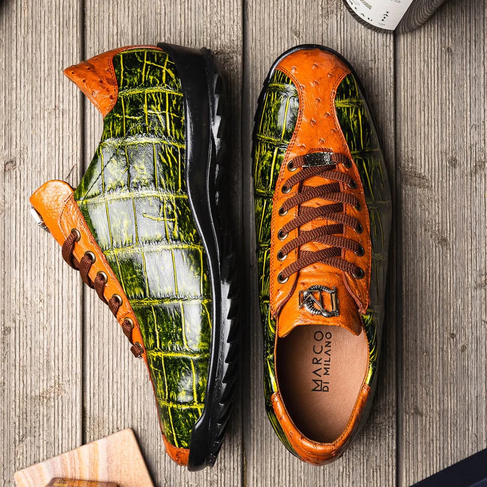 Marco Di Milano Saulo Men's Shoes Green & Cognac Exotic Ostich / Alligator Casual Sneakers - 8
