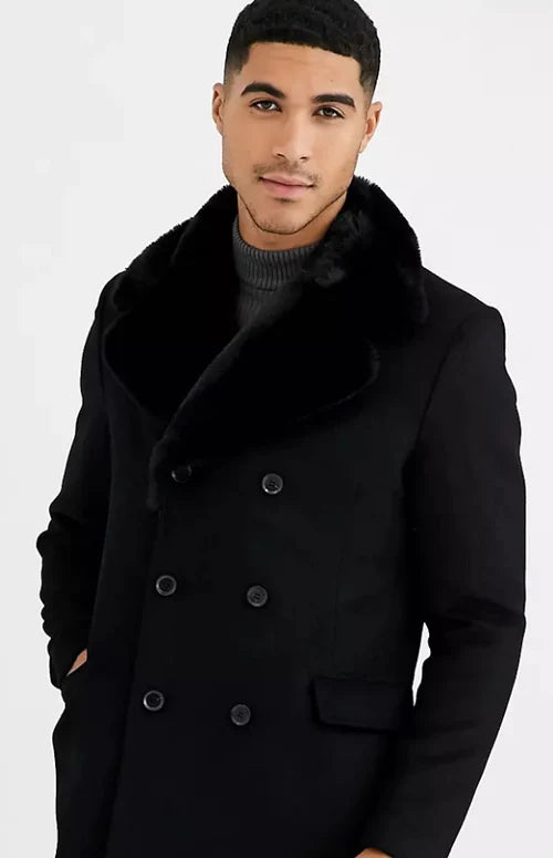 Mens Pea Coat With Fur Collar Coat - Wool and Cashmere Fabric Carcoat - Top Coat For Men black Color Overcoat - S