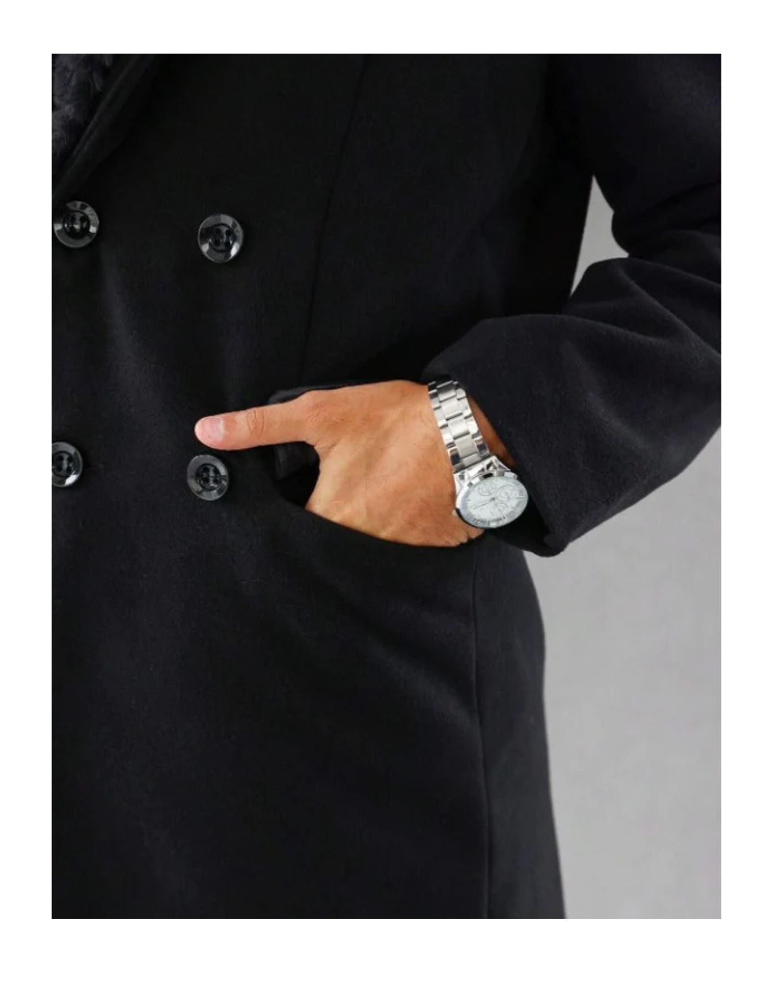Mens Pea Coat With Fur Collar Coat - Wool and Cashmere Fabric Carcoat - Top Coat For Men black Color Overcoat - S