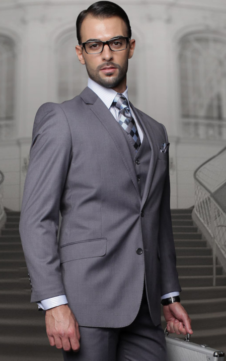 Mens Classic Fit Pleated Pant 2 Button Wool Suit in Charcoal Grey