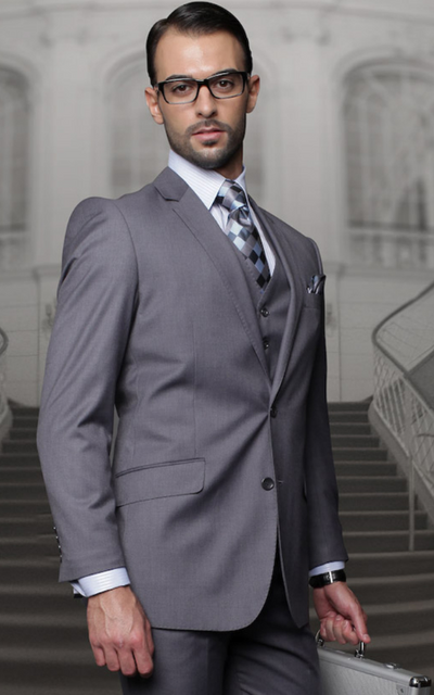 Mens Classic Fit Pleated Pant 2 Button Wool Suit in Charcoal Grey