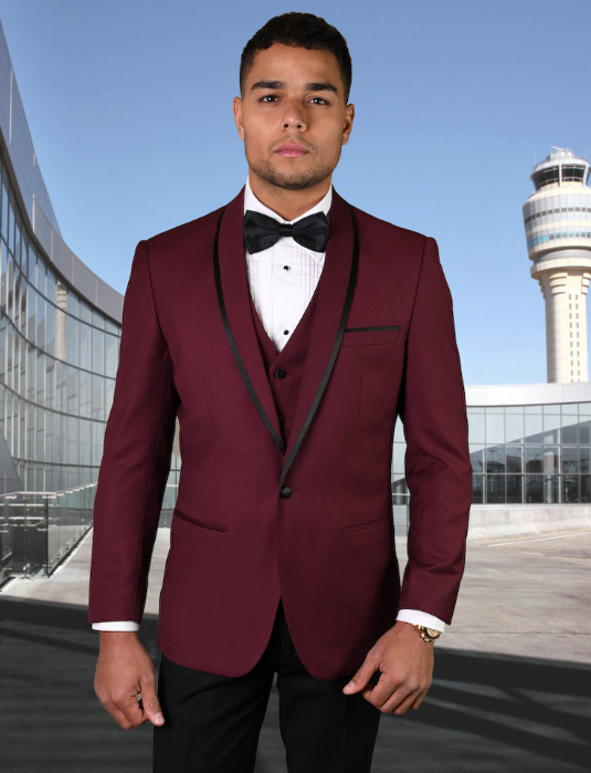 Mens One Button Satin Trim Notch Tuxedo in Shiny Burgundy Sharkskin