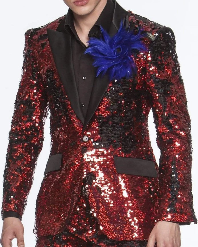 Red Sequin Tuxedo - Mens Shiny Suit - Stage Flashy Metallic Color Suit in