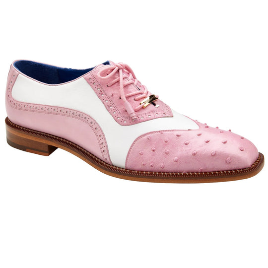 Men's Belvedere Sesto Italian Calf & Ostrich Quill Wingtip Dress Shoe in Pink & White - 9-M