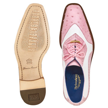 Men's Belvedere Sesto Italian Calf & Ostrich Quill Wingtip Dress Shoe in Pink & White - 9-M