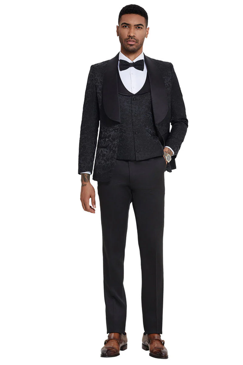 Mens Designer Wedding & Prom Shawl Lapel Vested Paisley Tuxedo in Black