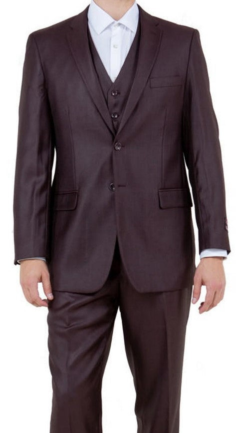 Mens Shiny Burgundy Sharkskin 3 Piece Suit Single Breasted Notch Lapel Suit - Coat Size 38