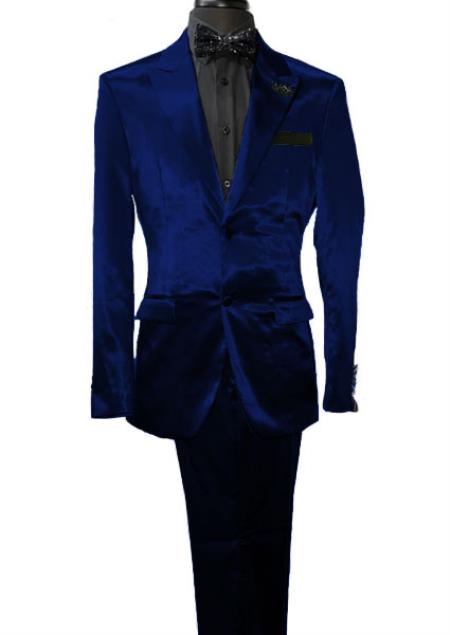 Mens Shiny Notch Lapel Blazer - Royal Blue Sateen Vested Suit